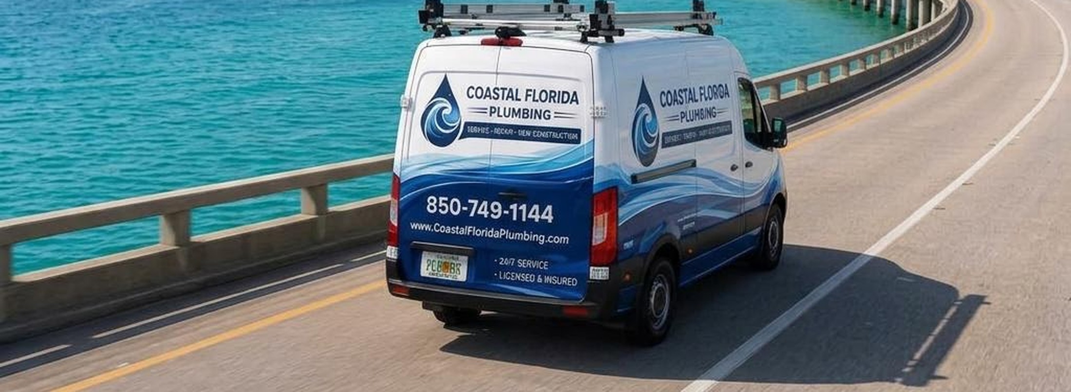 Coastal Florida Plumbing service van driving along a coastal bridge with the ocean and beach in view